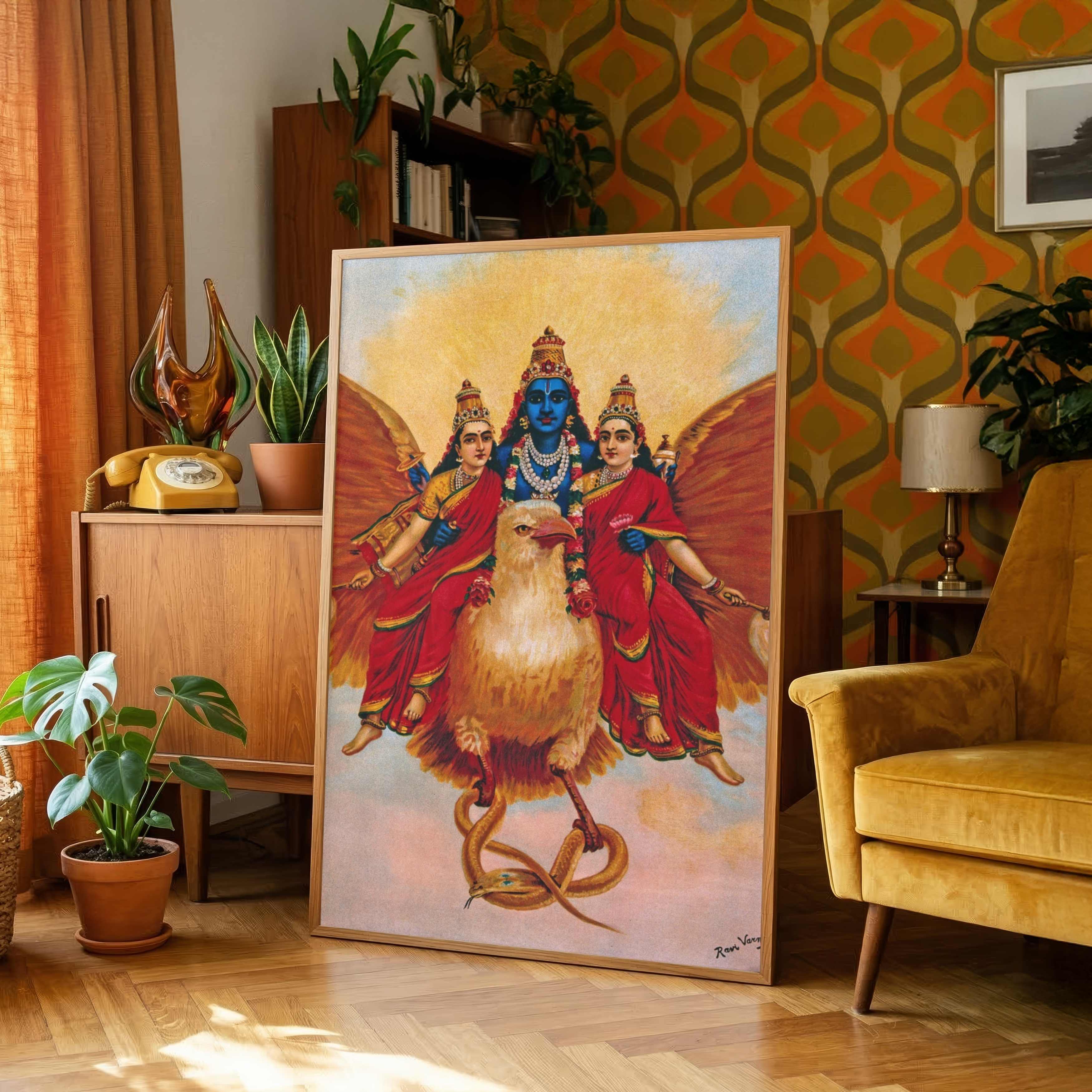 Lord Vishnu on Garuda Painting by Raja Ravi Varma | Spiritual Hindu God Wall Art for Home 3 : 4 Vertical Premium Wall Art Canvas by MeriDeewar