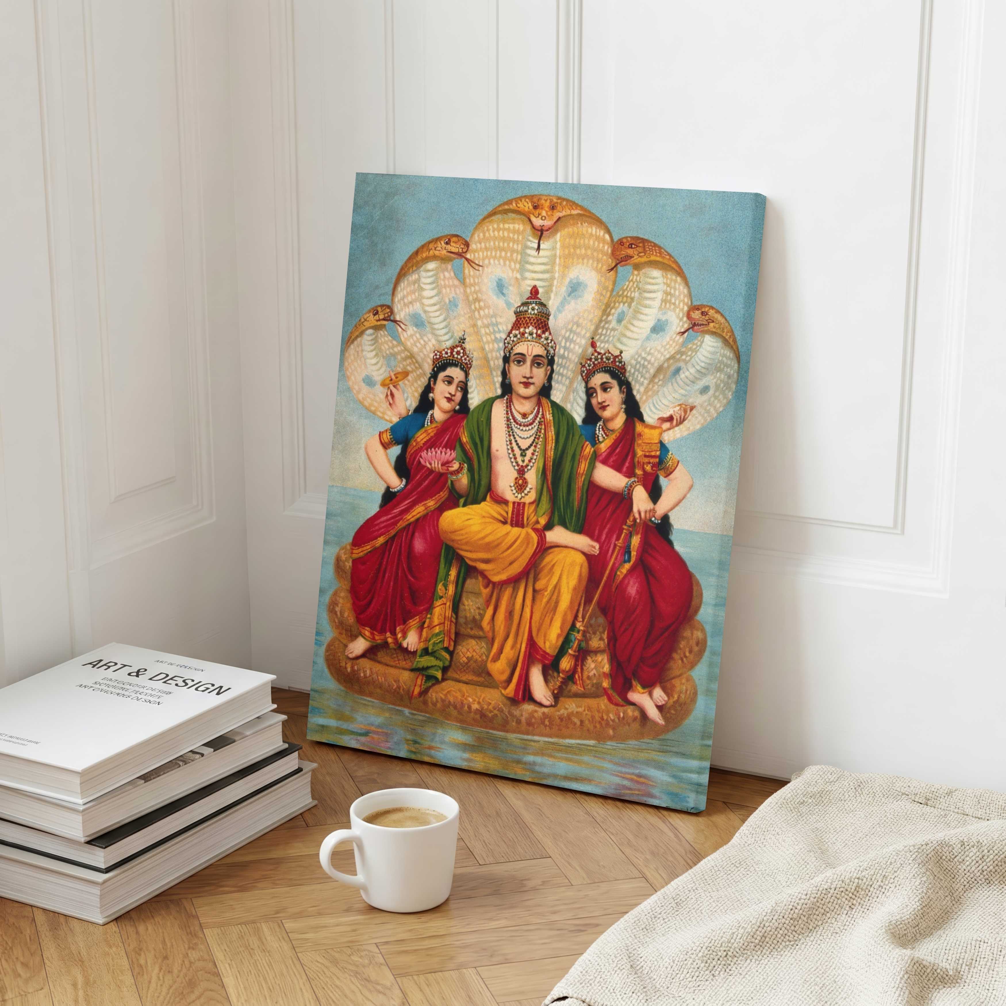 Lord Vishnu on Sheshnag Painting | Raja Ravi Varma | Spiritual Wall Art for Home 2 : 3 Vertical Premium Wall Art Canvas by MeriDeewar
