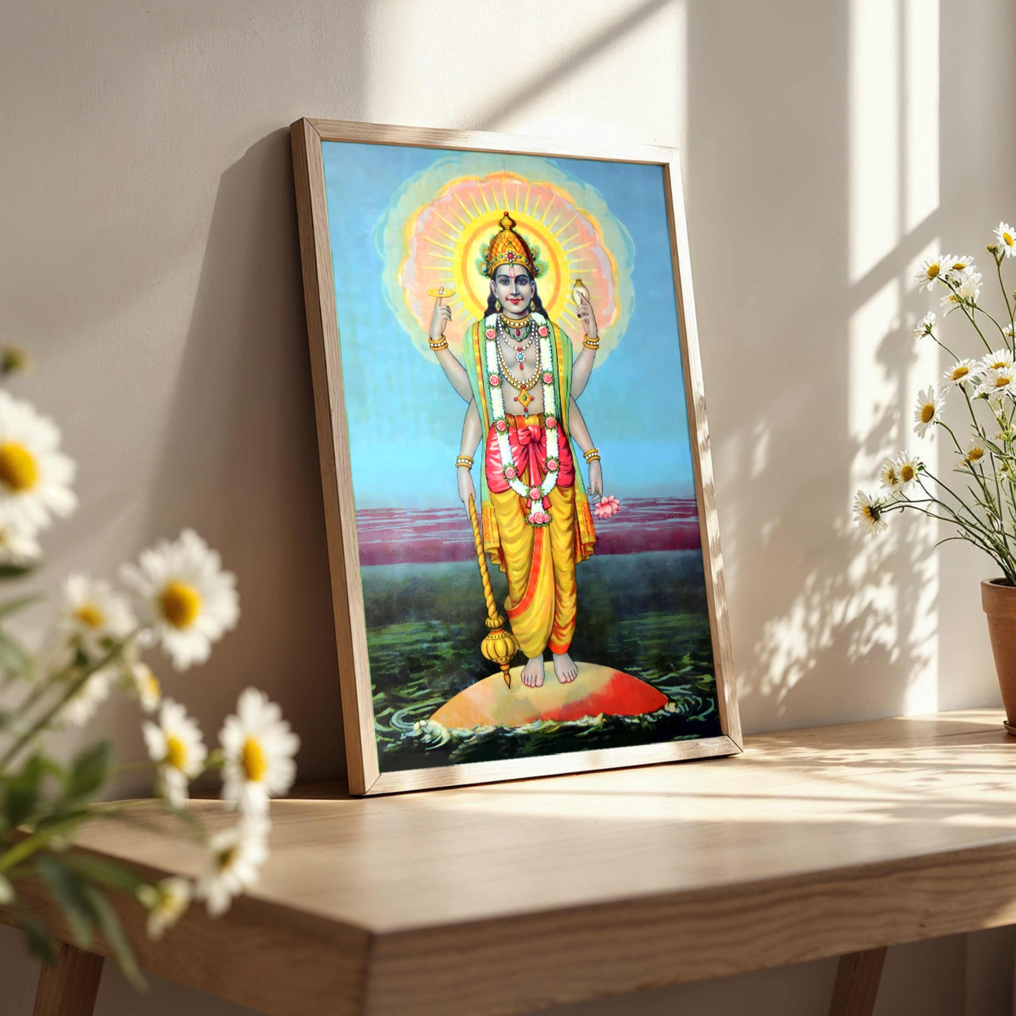 Lord Vishnu Painting for Pooja Room | Raja Ravi Varma Spiritual Wall Art | Hindu God Framed Print 3 : 4 Vertical Premium Wall Art Canvas by MeriDeewar