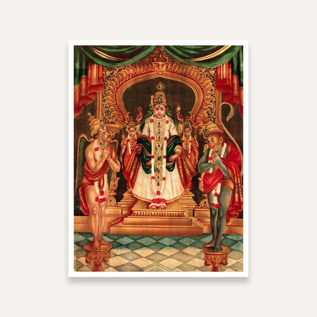 Lord Vishnu with Hanuman & Garuda Spiritual Painting for Pooja Room | Giclée Fine Art Print 3 : 4 Vertical Premium Wall Art Canvas by MeriDeewar
