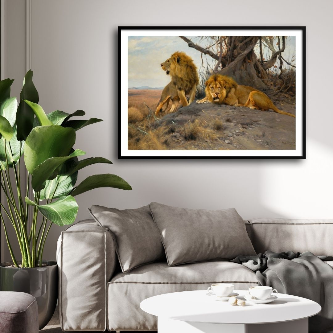 Lords of the Savannah – Twin Kings at Dusk 2 : 3 Horizontal Premium Wall Art Canvas by MeriDeewar