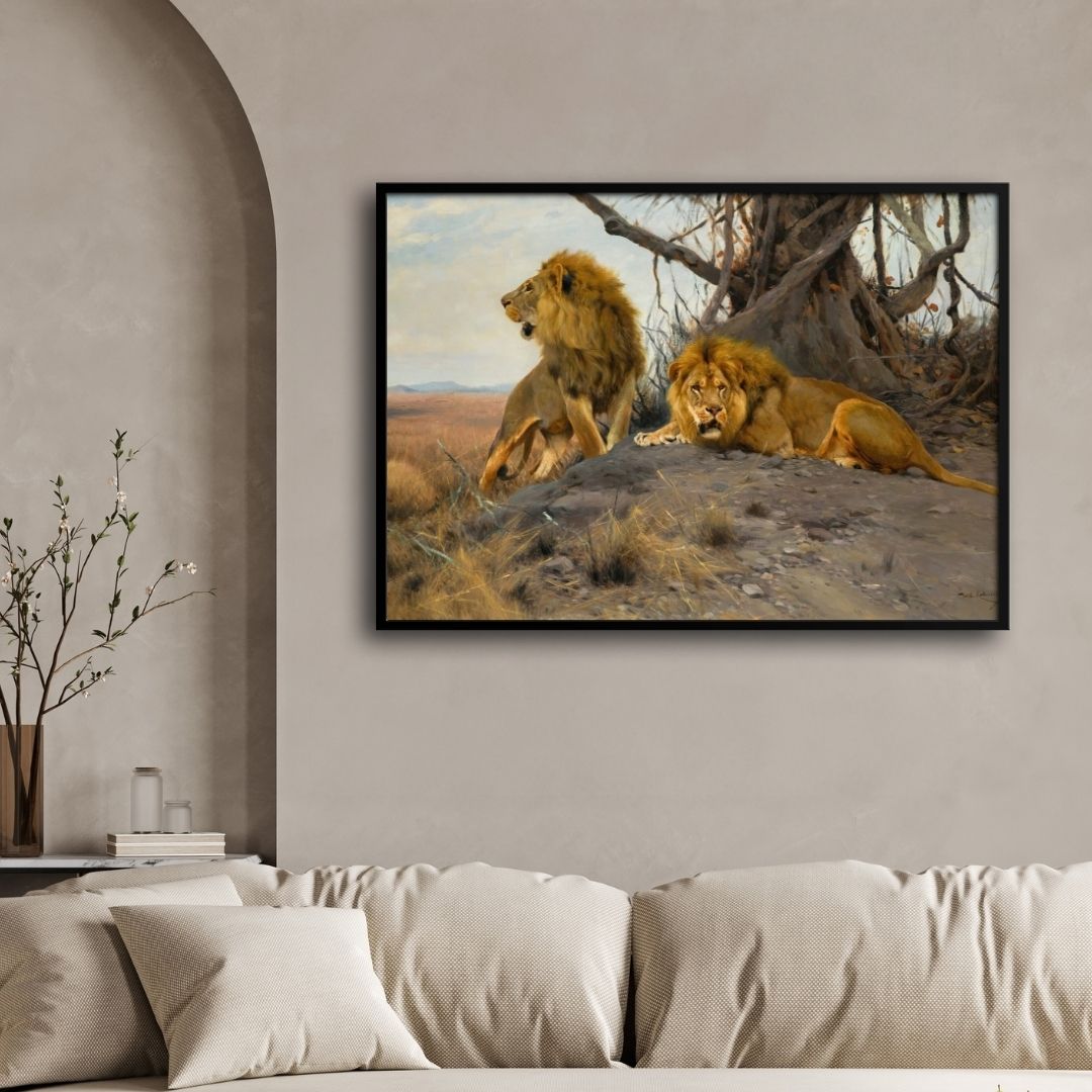 Lords of the Savannah – Twin Kings at Dusk 2 : 3 Horizontal Premium Wall Art Canvas by MeriDeewar