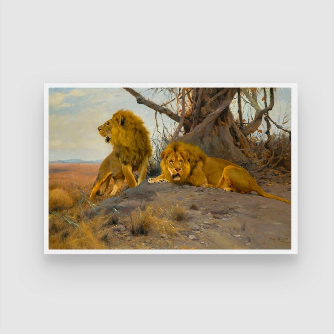 Lords of the Savannah – Twin Kings at Dusk 2 : 3 Horizontal Premium Wall Art Canvas by MeriDeewar