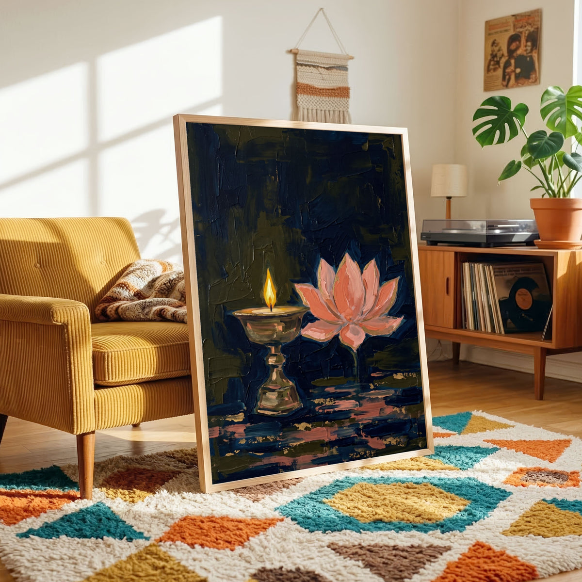 Lotus & Diya | Hindu Wall Art 3 : 4 Vertical Premium Wall Art Canvas by MeriDeewar