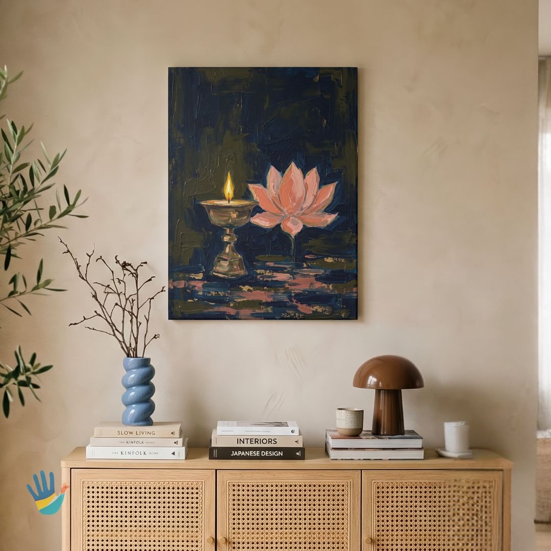 Lotus & Diya | Hindu Wall Art 3 : 4 Vertical Premium Wall Art Canvas by MeriDeewar