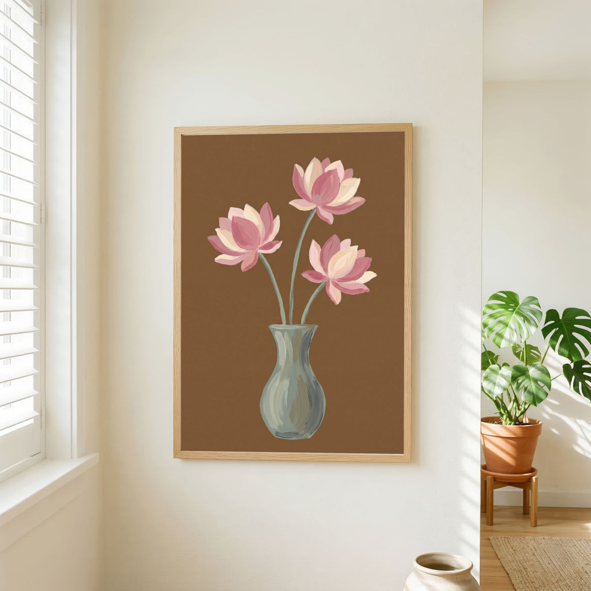 Lotus in Mocha | Modern Minimalist Lotus Flower Still Life Wall Art 3 : 4 Vertical Premium Wall Art Canvas by MeriDeewar
