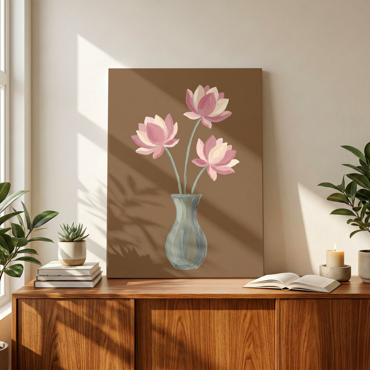 Lotus in Mocha | Modern Minimalist Lotus Flower Still Life Wall Art 3 : 4 Vertical Premium Wall Art Canvas by MeriDeewar