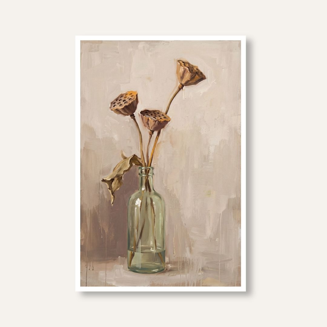 Lotus Pods in a Glass Bottle | Dried Floral Art 2 : 3 Vertical Premium Wall Art Canvas by MeriDeewar