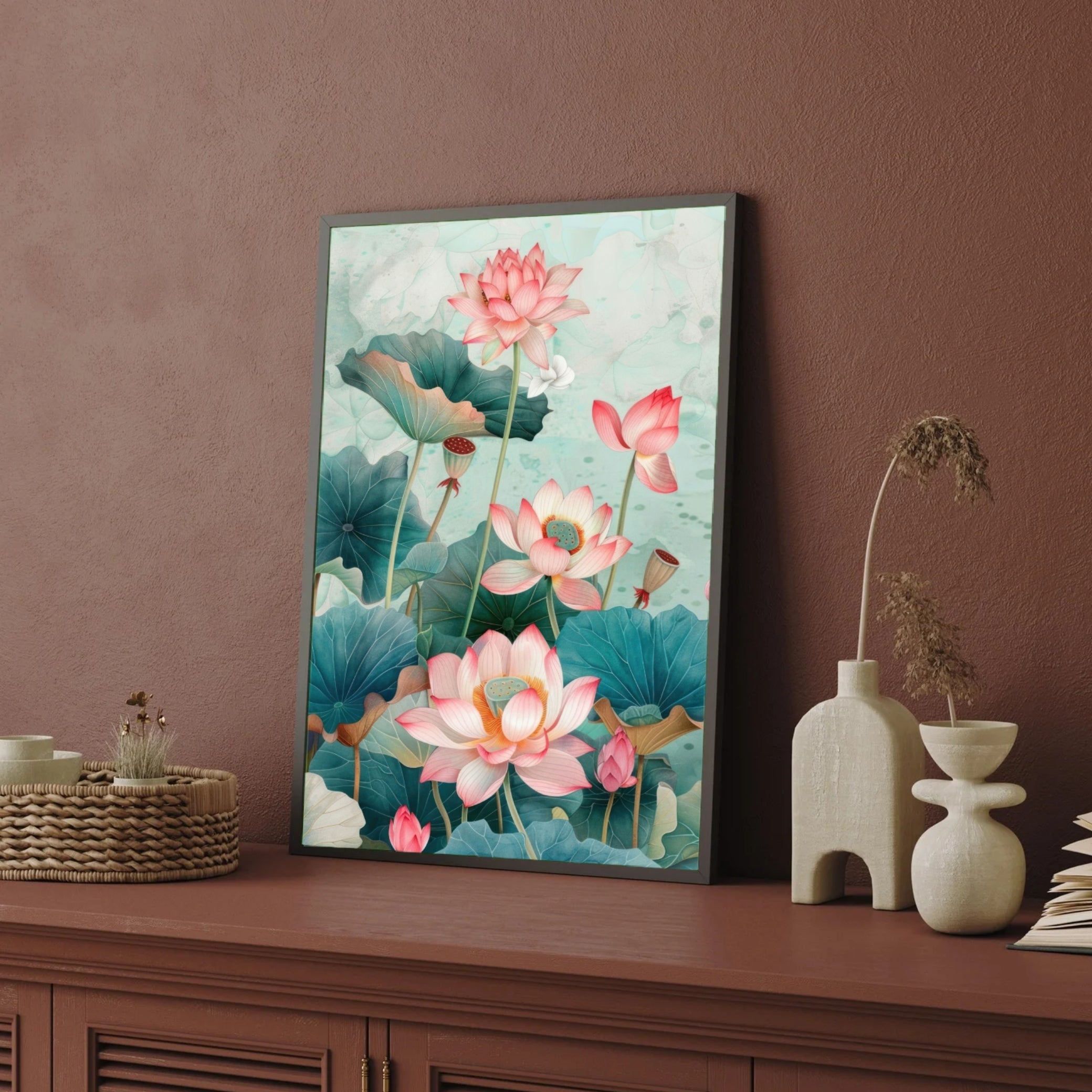 Lotus Serenity – Modern Floral Wall Art Canvas Print 2 : 3 Vertical Premium Wall Art Canvas by MeriDeewar