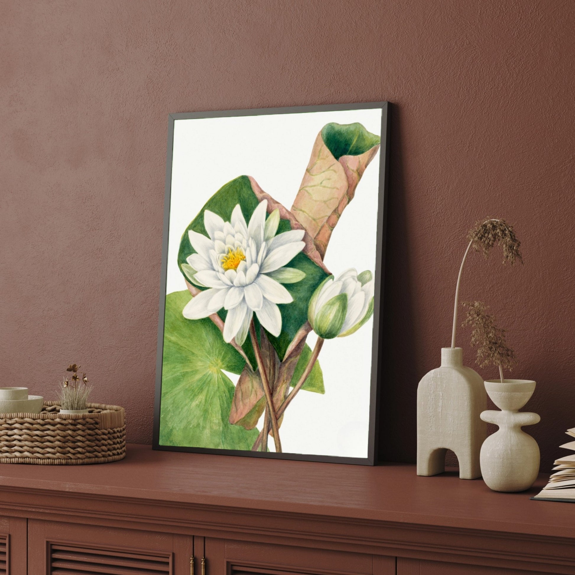 Lotus Serenity – White Lotus Botanical Wall Art Print 2 : 3 Vertical Premium Wall Art Canvas by MeriDeewar