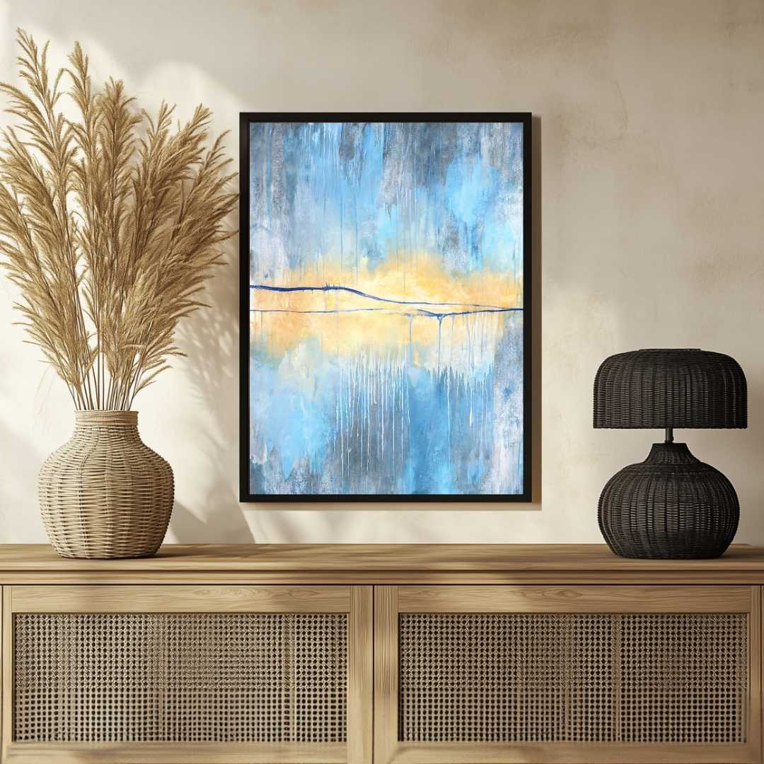 Luxury Abstract Expressionism Atmospheric Blue & Luminous Gold Painting | Vertical Modern Boho White Framed Wall Art 3 : 4 Vertical Premium Wall Art Canvas by MeriDeewar