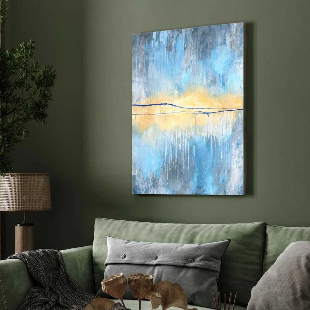 Luxury Abstract Expressionism Atmospheric Blue & Luminous Gold Painting | Vertical Modern Boho White Framed Wall Art 3 : 4 Vertical Premium Wall Art Canvas by MeriDeewar