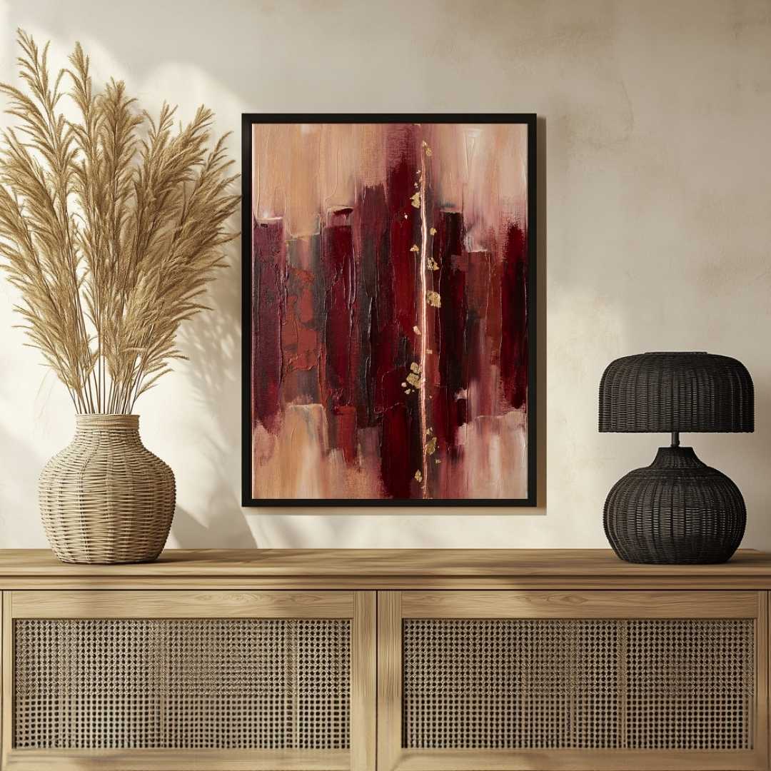 Luxury Abstract Expressionism Burgundy & Gold Leaf Painting | Vertical Modern Boho White Framed Wall Art 3 : 4 Vertical Premium Wall Art Canvas by MeriDeewar