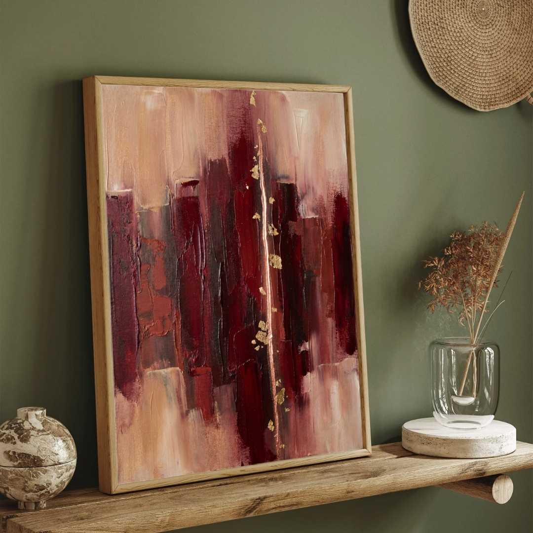Luxury Abstract Expressionism Burgundy & Gold Leaf Painting | Vertical Modern Boho White Framed Wall Art 3 : 4 Vertical Premium Wall Art Canvas by MeriDeewar
