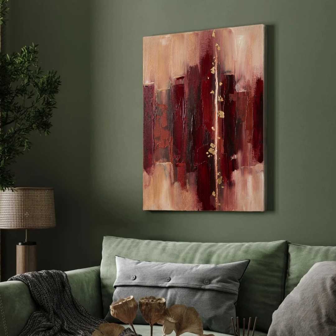 Luxury Abstract Expressionism Burgundy & Gold Leaf Painting | Vertical Modern Boho White Framed Wall Art 3 : 4 Vertical Premium Wall Art Canvas by MeriDeewar