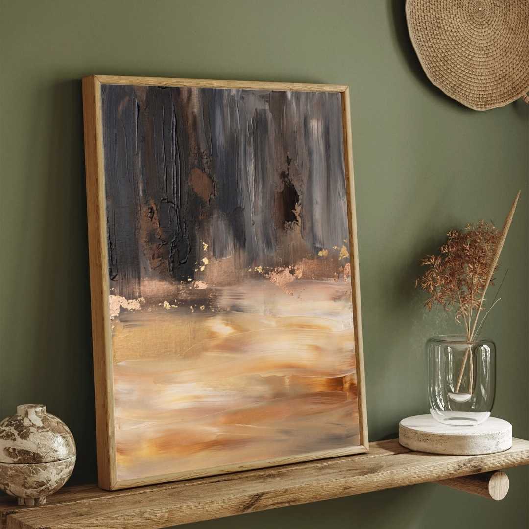 Luxury Abstract Expressionism Earth & Charcoal Painting | Vertical Modern Boho White Framed Wall Art 3 : 4 Vertical Premium Wall Art Canvas by MeriDeewar