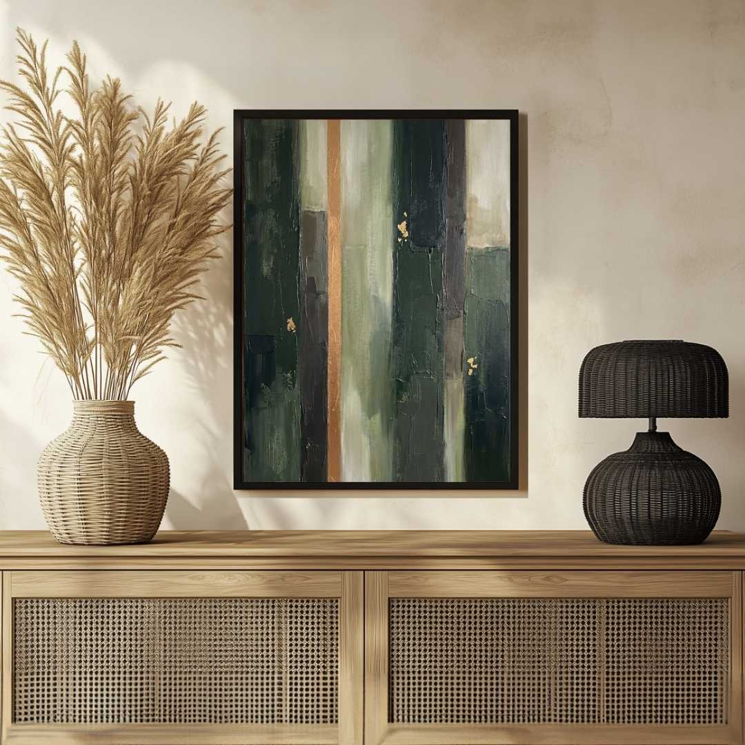 Luxury Abstract Expressionism Forest Green & Gold Leaf Painting | Vertical Modern Boho White Framed Wall Art 3 : 4 Vertical Premium Wall Art Canvas by MeriDeewar