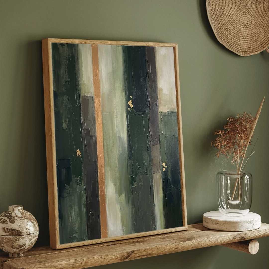 Luxury Abstract Expressionism Forest Green & Gold Leaf Painting | Vertical Modern Boho White Framed Wall Art 3 : 4 Vertical Premium Wall Art Canvas by MeriDeewar