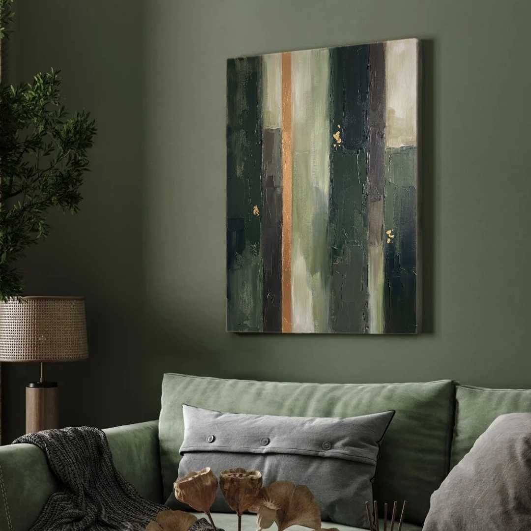 Luxury Abstract Expressionism Forest Green & Gold Leaf Painting | Vertical Modern Boho White Framed Wall Art 3 : 4 Vertical Premium Wall Art Canvas by MeriDeewar