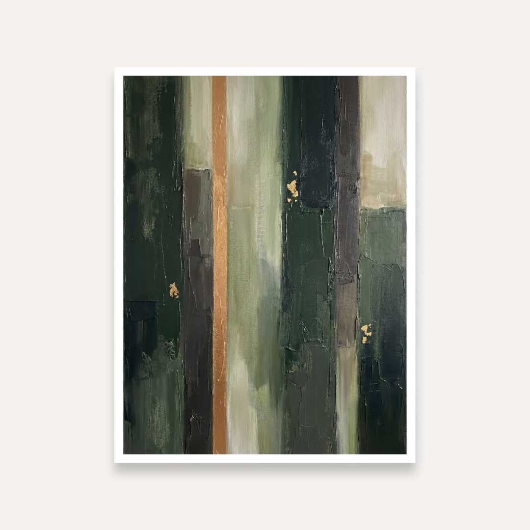 Luxury Abstract Expressionism Forest Green & Gold Leaf Painting | Vertical Modern Boho White Framed Wall Art 3 : 4 Vertical Premium Wall Art Canvas by MeriDeewar