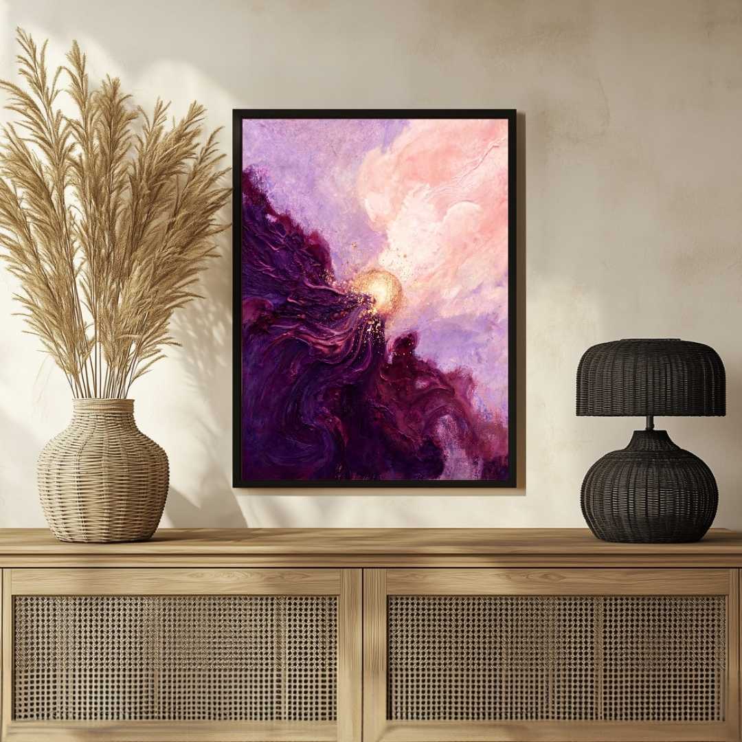Luxury Abstract Expressionism Plum Purple & Blush Pink Cosmic Painting | Vertical Modern Boho White Framed Wall Art 3 : 4 Vertical Premium Wall Art Canvas by MeriDeewar
