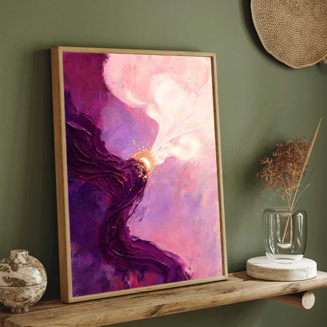 Luxury Abstract Expressionism Plum Purple & Blush Pink Cosmic Painting | Vertical Modern Boho White Framed Wall Art 3 : 4 Vertical Premium Wall Art Canvas by MeriDeewar