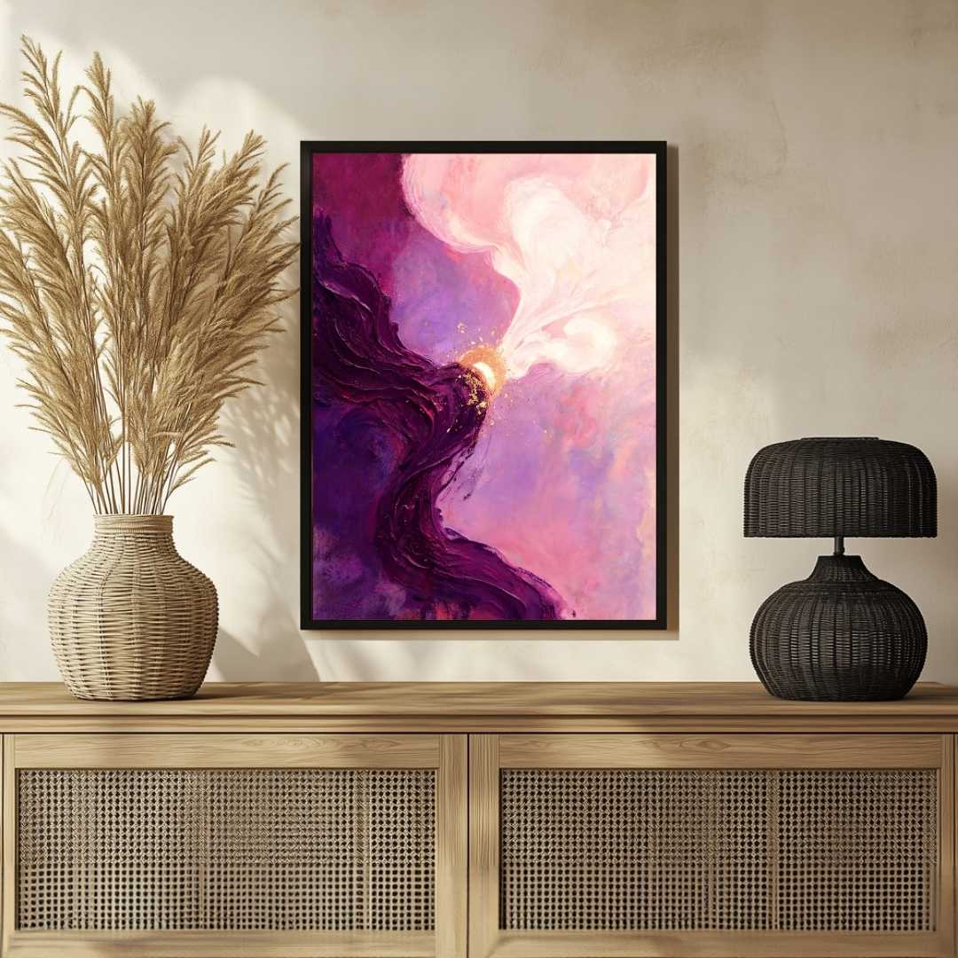Luxury Abstract Expressionism Plum Purple & Gold Celestial Sun Painting | Vertical Modern Boho White Framed Wall Art 3 : 4 Vertical Premium Wall Art Canvas by MeriDeewar