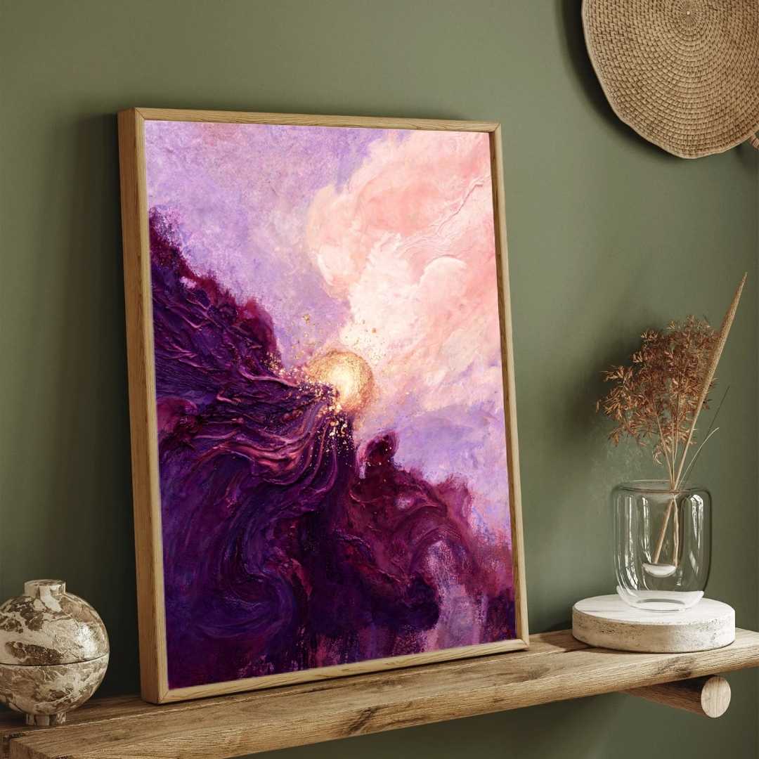 Luxury Abstract Expressionism Plum Purple & Gold Celestial Sun Painting | Vertical Modern Boho White Framed Wall Art 3 : 4 Vertical Premium Wall Art Canvas by MeriDeewar