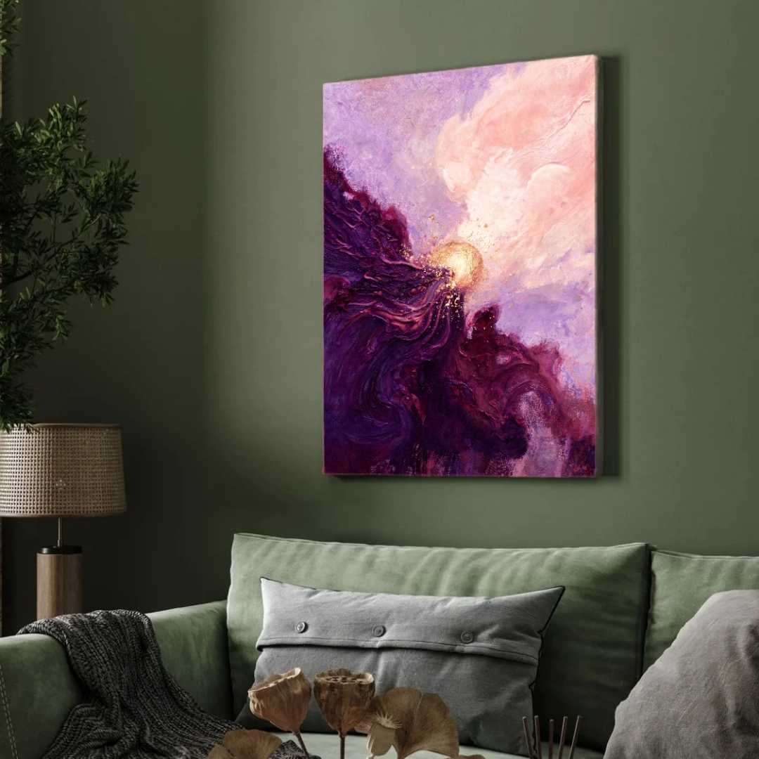 Luxury Abstract Expressionism Plum Purple & Gold Celestial Sun Painting | Vertical Modern Boho White Framed Wall Art 3 : 4 Vertical Premium Wall Art Canvas by MeriDeewar