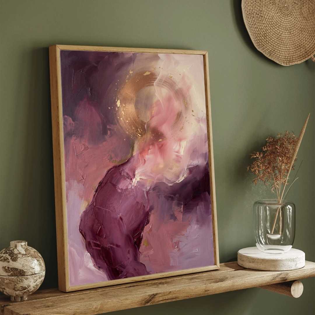 Luxury Abstract Expressionism Plum Purple & Gold Halo Painting | Vertical Modern Boho White Framed Wall Art 3 : 4 Vertical Premium Wall Art Canvas by MeriDeewar