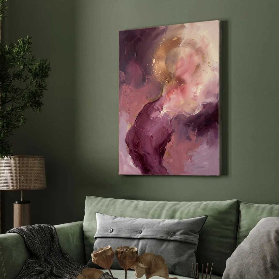 Luxury Abstract Expressionism Plum Purple & Gold Halo Painting | Vertical Modern Boho White Framed Wall Art 3 : 4 Vertical Premium Wall Art Canvas by MeriDeewar