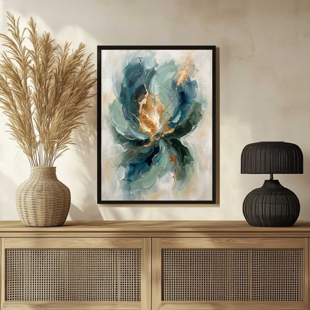 Luxury Abstract Expressionism Teal & Sage Green Floral Painting | Vertical Modern Boho White Framed Wall Art 3 : 4 Vertical Premium Wall Art Canvas by MeriDeewar