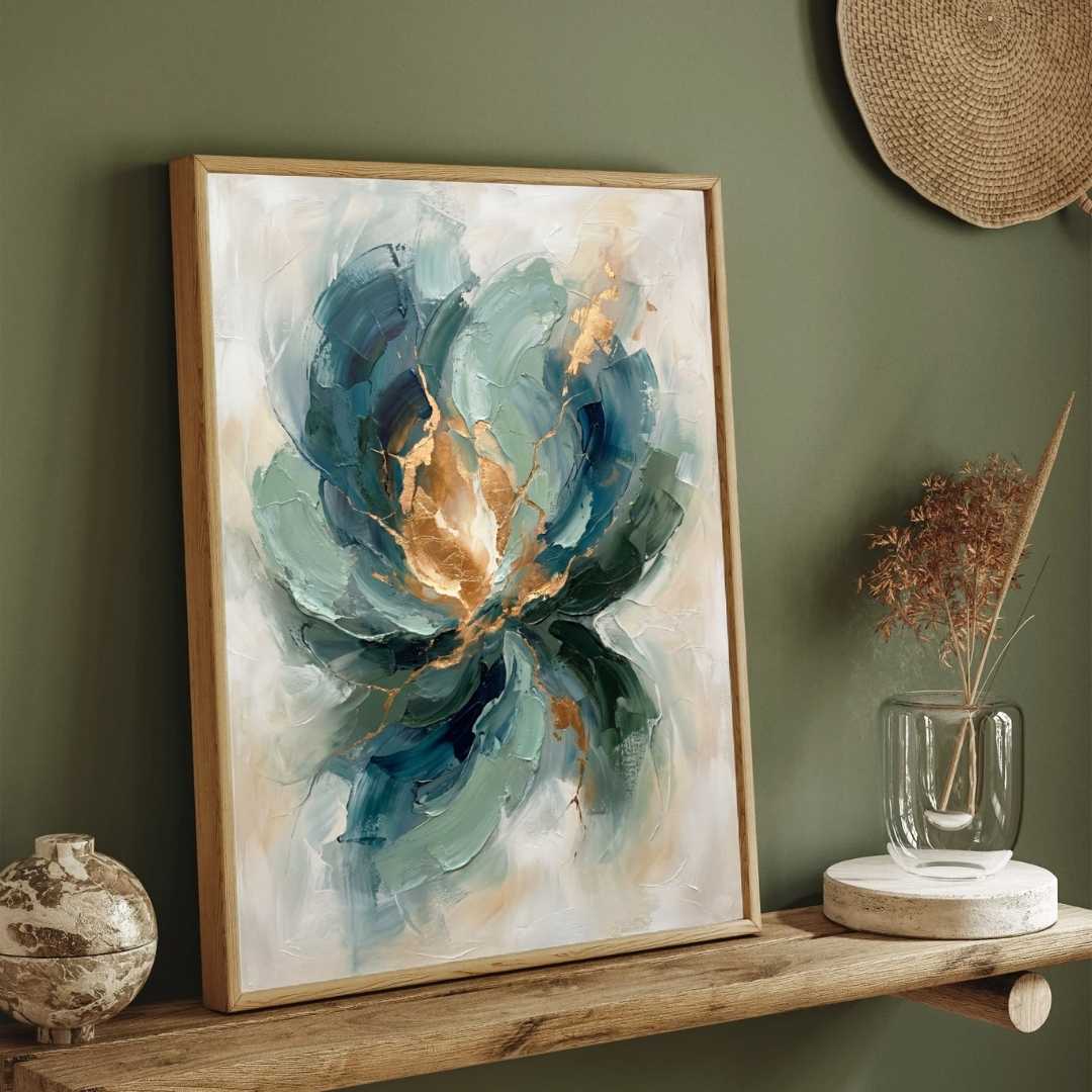 Luxury Abstract Expressionism Teal & Sage Green Floral Painting | Vertical Modern Boho White Framed Wall Art 3 : 4 Vertical Premium Wall Art Canvas by MeriDeewar