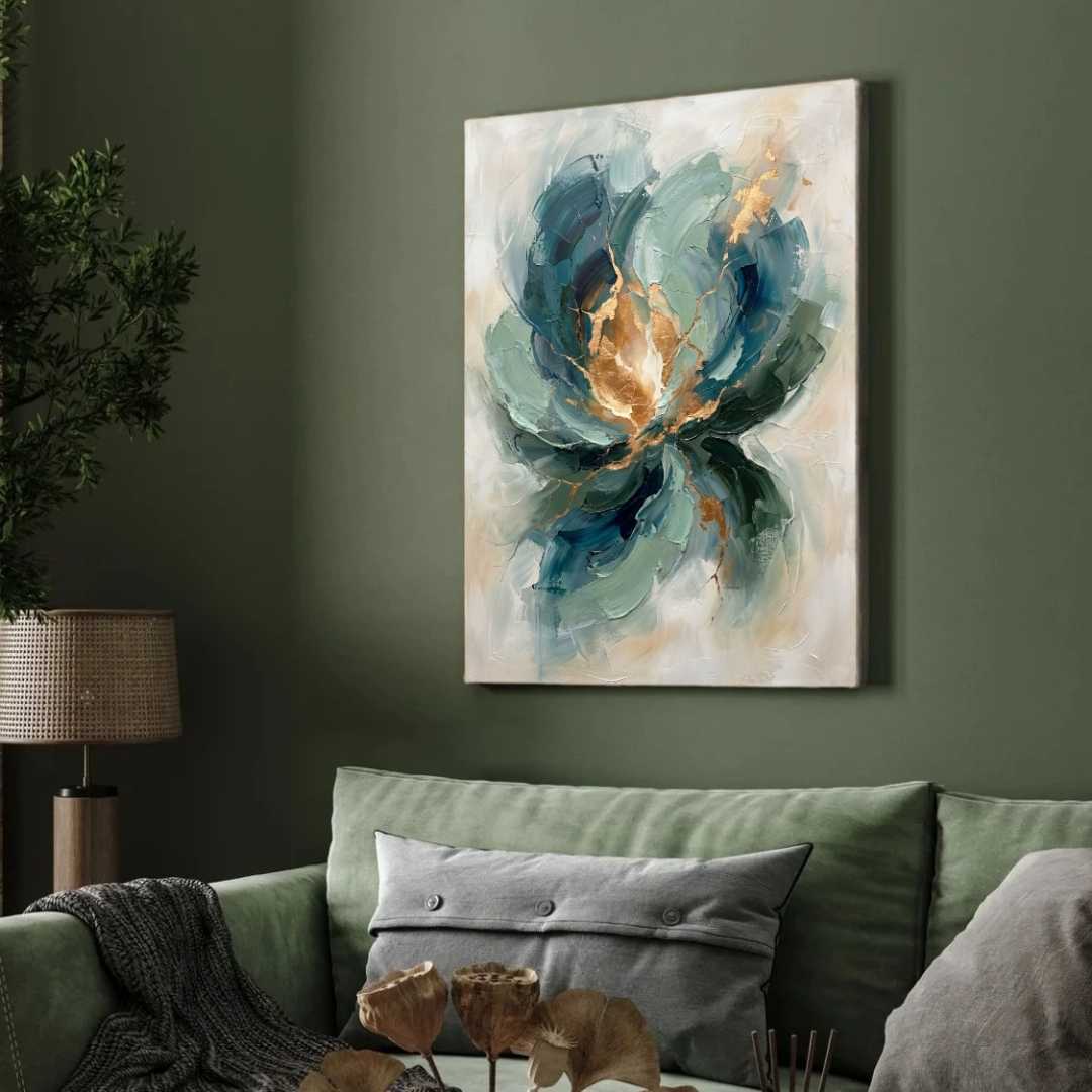 Luxury Abstract Expressionism Teal & Sage Green Floral Painting | Vertical Modern Boho White Framed Wall Art 3 : 4 Vertical Premium Wall Art Canvas by MeriDeewar