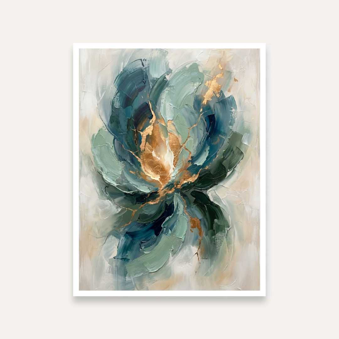 Luxury Abstract Expressionism Teal & Sage Green Floral Painting | Vertical Modern Boho White Framed Wall Art 3 : 4 Vertical Premium Wall Art Canvas by MeriDeewar