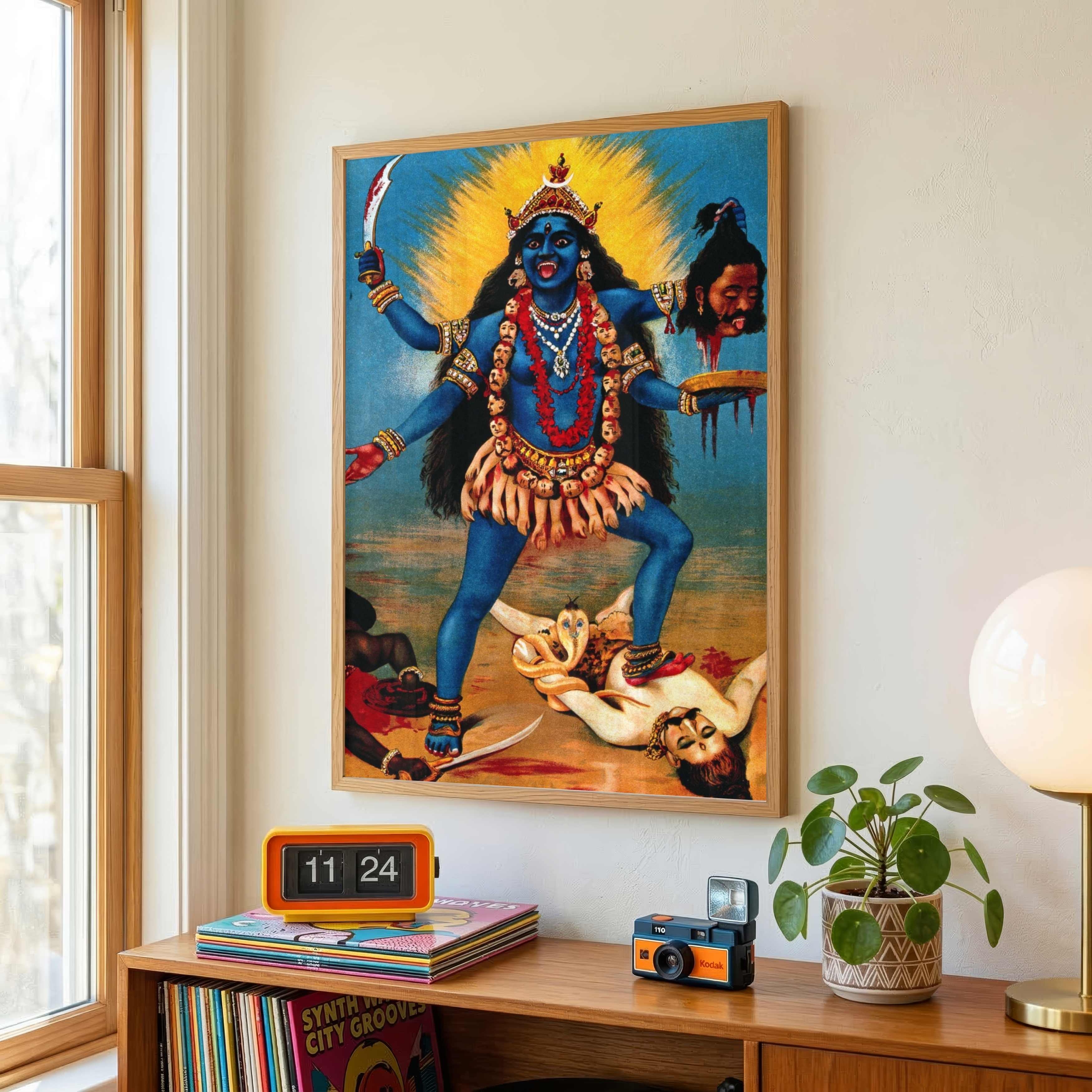 Maa Kali Painting for Home | Kali Standing on Shiva – Raja Ravi Varma Spiritual Wall Art 2 : 3 Vertical Premium Wall Art Canvas by MeriDeewar