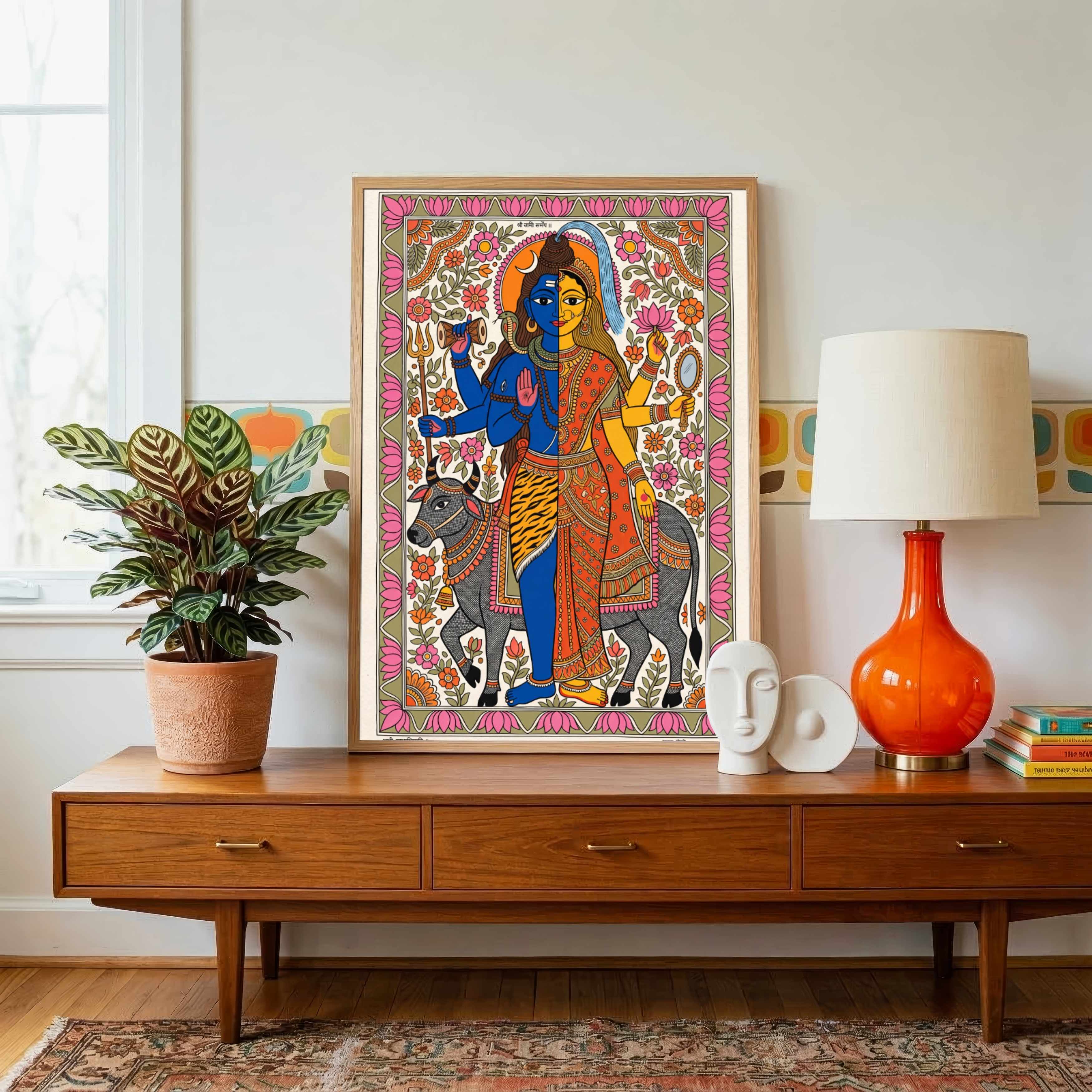 "Madhubani Ardhanarishvara" Traditional Indian Folk Art Giclée Print | Fine Art Wall Art 2 : 3 Vertical Premium Wall Art Canvas by MeriDeewar