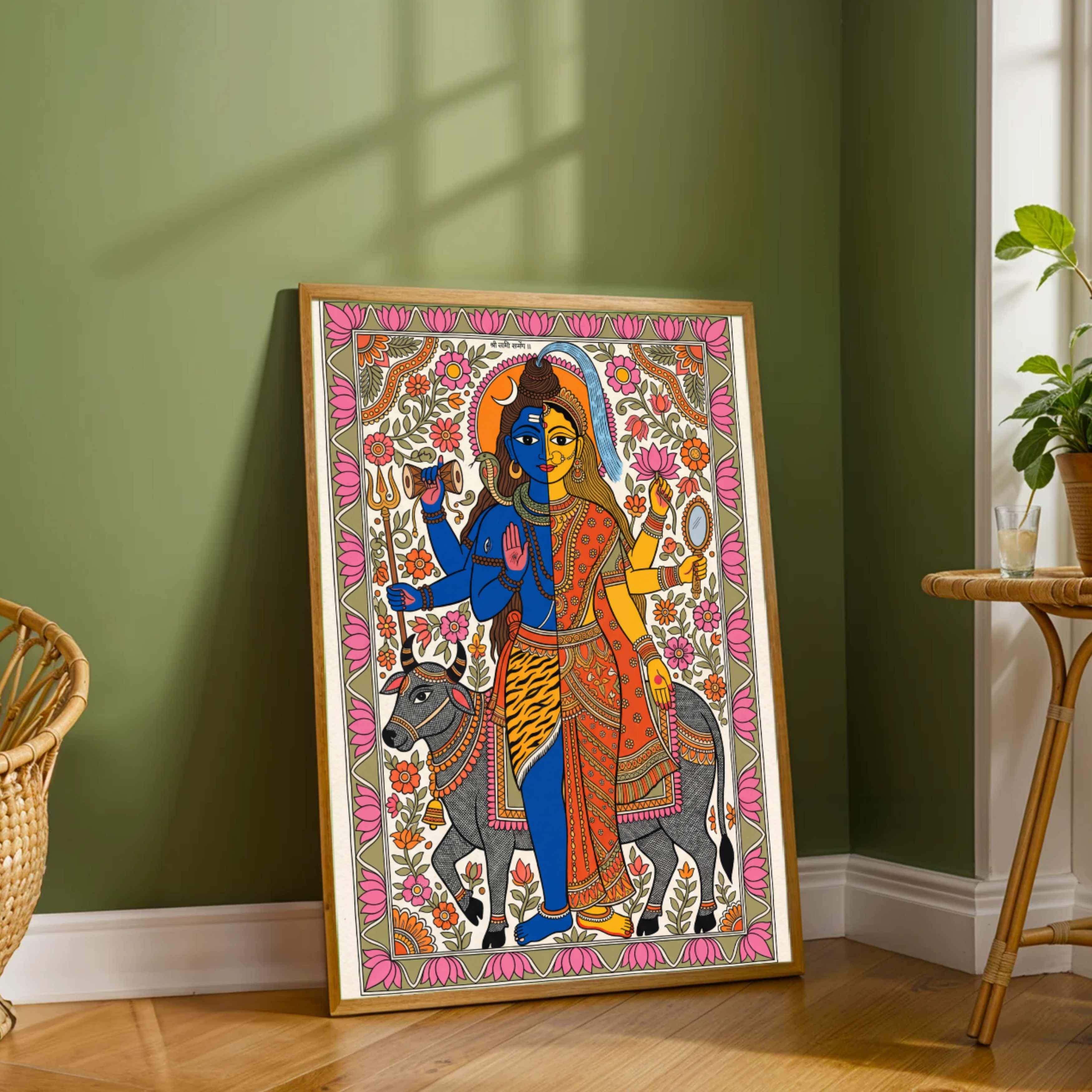 "Madhubani Ardhanarishvara" Traditional Indian Folk Art Giclée Print | Fine Art Wall Art 2 : 3 Vertical Premium Wall Art Canvas by MeriDeewar