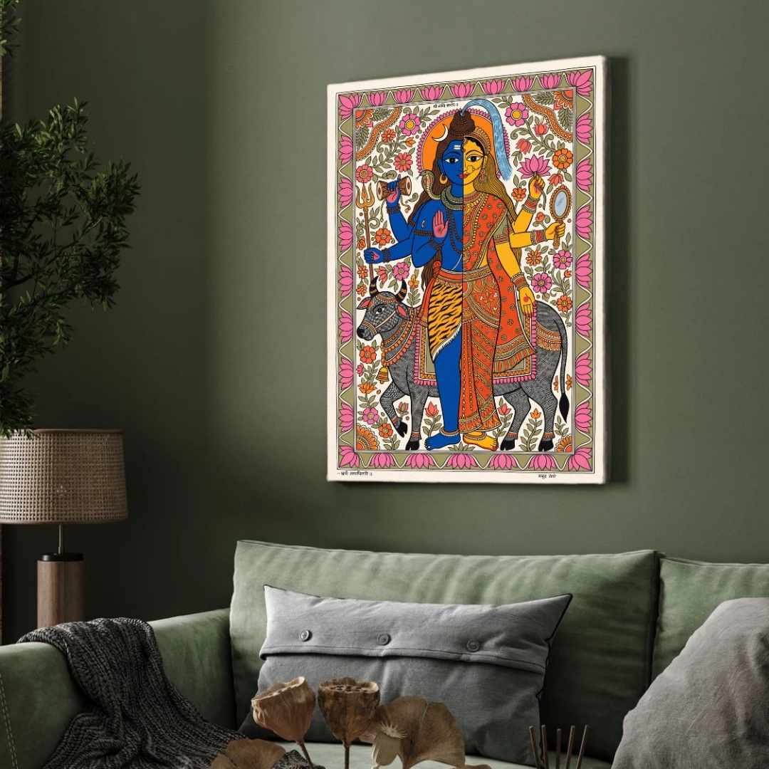 "Madhubani Ardhanarishvara" Traditional Indian Folk Art Giclée Print | Fine Art Wall Art 2 : 3 Vertical Premium Wall Art Canvas by MeriDeewar