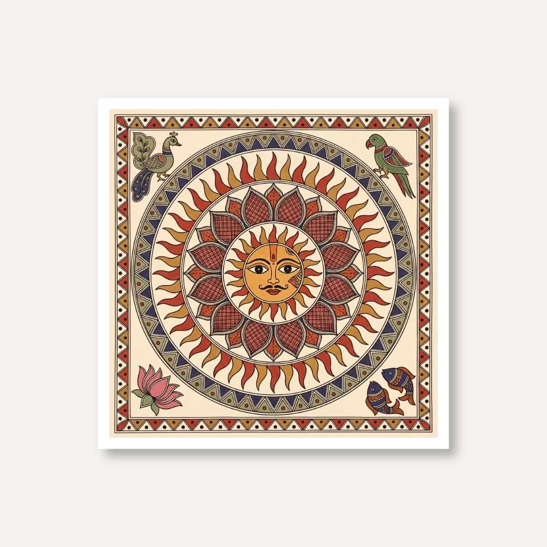 "Madhubani Celestial Sun" Traditional Indian Folk Art Giclée Print | Fine Art Wall Art 1 : 1 Square Premium Wall Art Canvas by MeriDeewar
