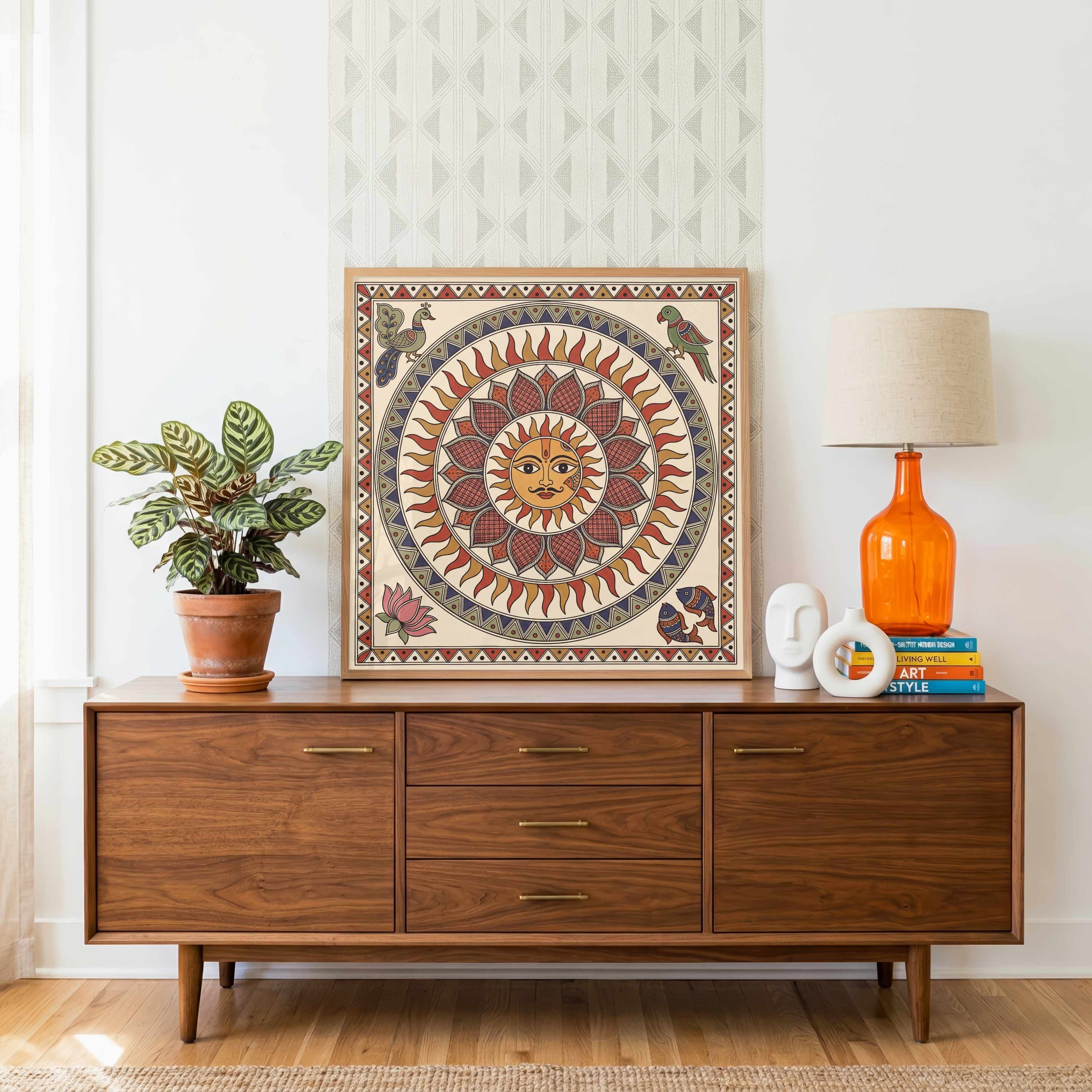 "Madhubani Celestial Sun" Traditional Indian Folk Art Giclée Print | Fine Art Wall Art 1 : 1 Square Premium Wall Art Canvas by MeriDeewar