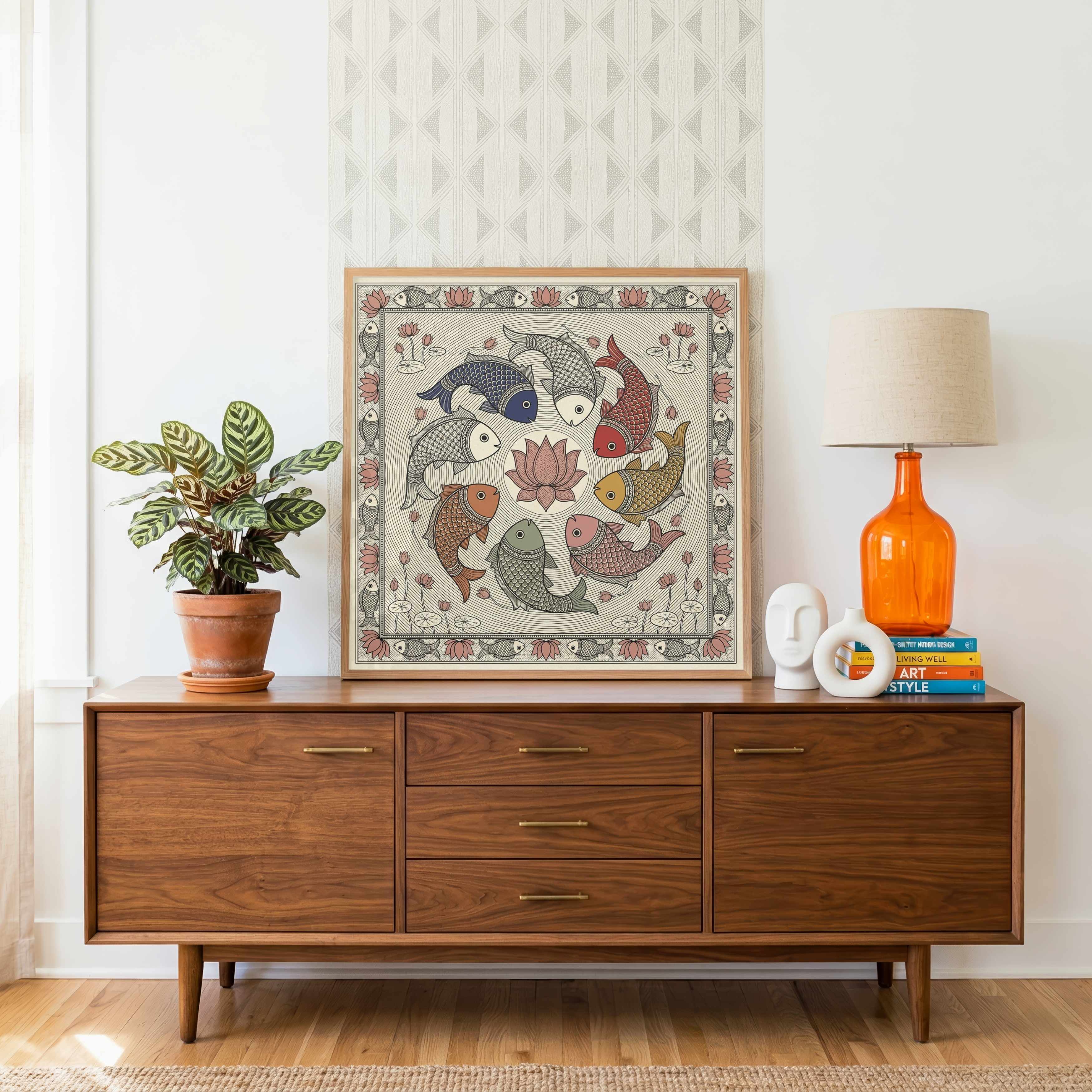 "Madhubani Circle of Abundance" Traditional Indian Folk Art Giclée Print | Fine Art Wall Art 1 : 1 Square Premium Wall Art Canvas by MeriDeewar