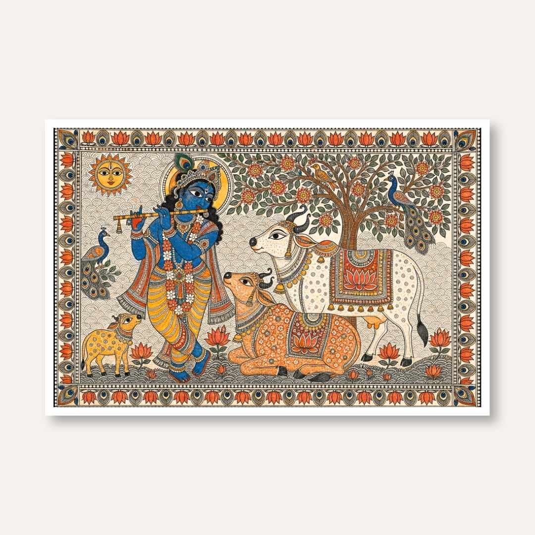 "Madhubani Divine Krishna and Cows" Indian Folk Art Giclée Print | Fine Art Wall Art 3 : 2 Horizontal Premium Wall Art Canvas by MeriDeewar