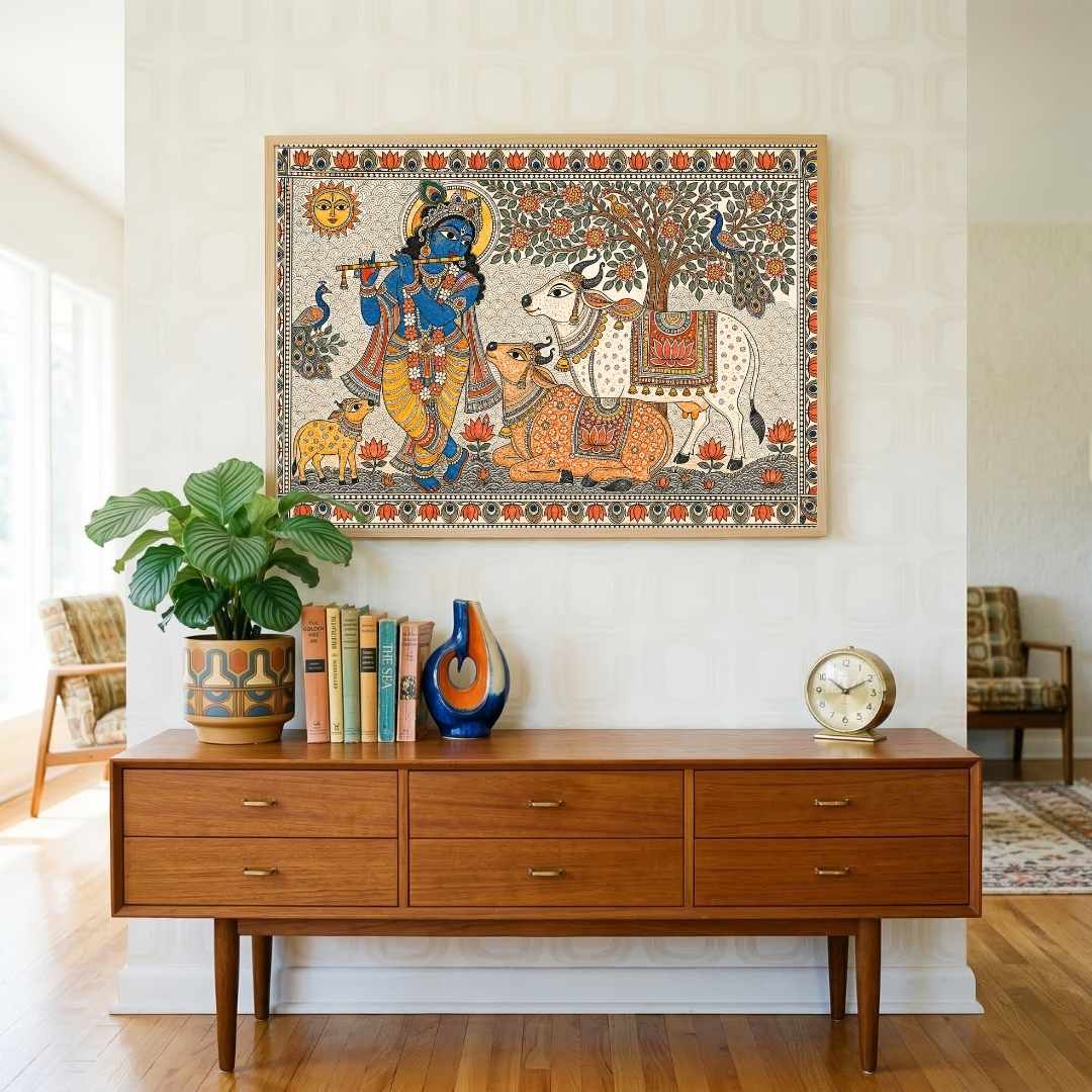 "Madhubani Divine Krishna and Cows" Indian Folk Art Giclée Print | Fine Art Wall Art 3 : 2 Horizontal Premium Wall Art Canvas by MeriDeewar