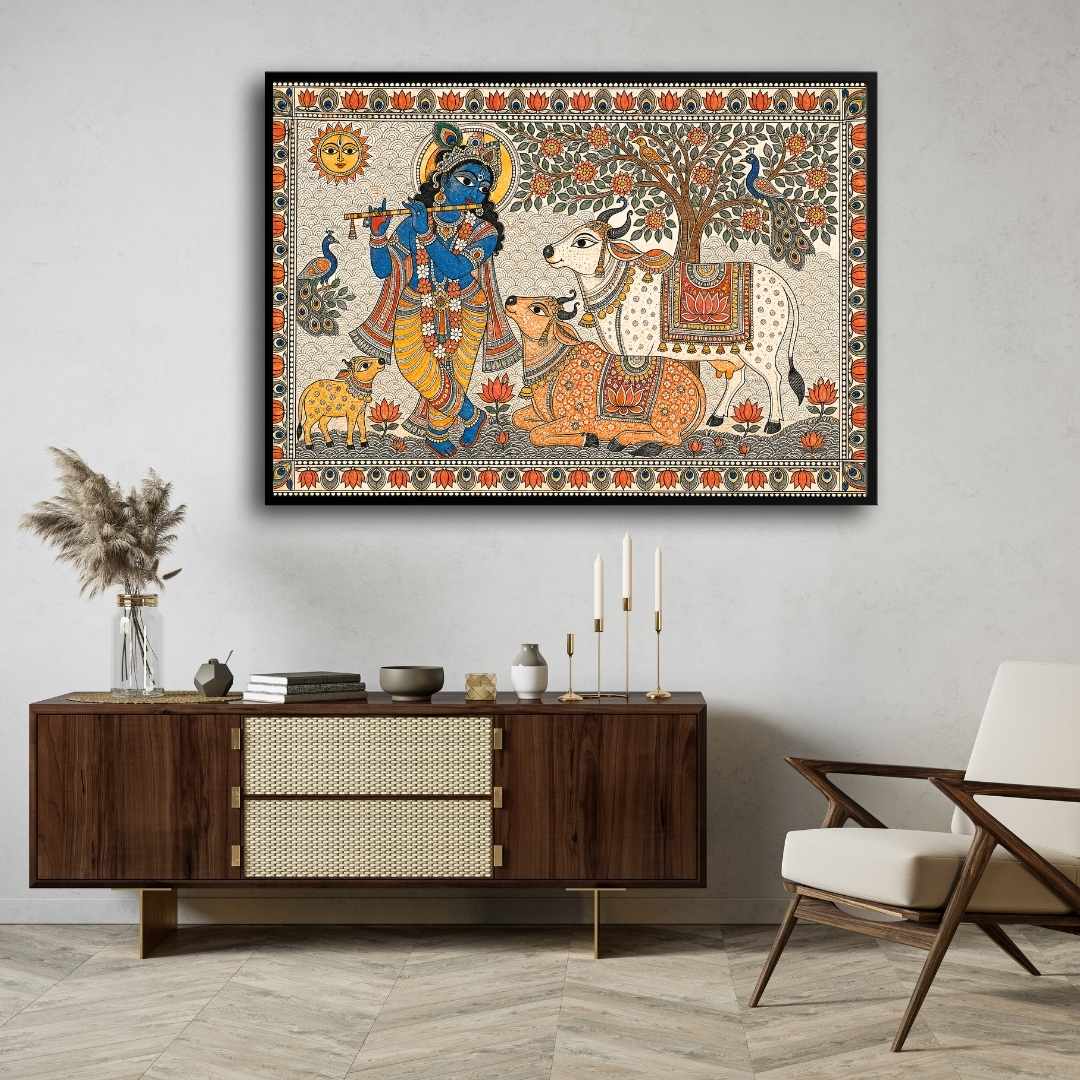 "Madhubani Divine Krishna and Cows" Indian Folk Art Giclée Print | Fine Art Wall Art 3 : 2 Horizontal Premium Wall Art Canvas by MeriDeewar