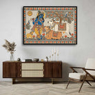 "Madhubani Divine Krishna and Cows" Indian Folk Art Giclée Print | Fine Art Wall Art 3 : 2 Horizontal Premium Wall Art Canvas by MeriDeewar