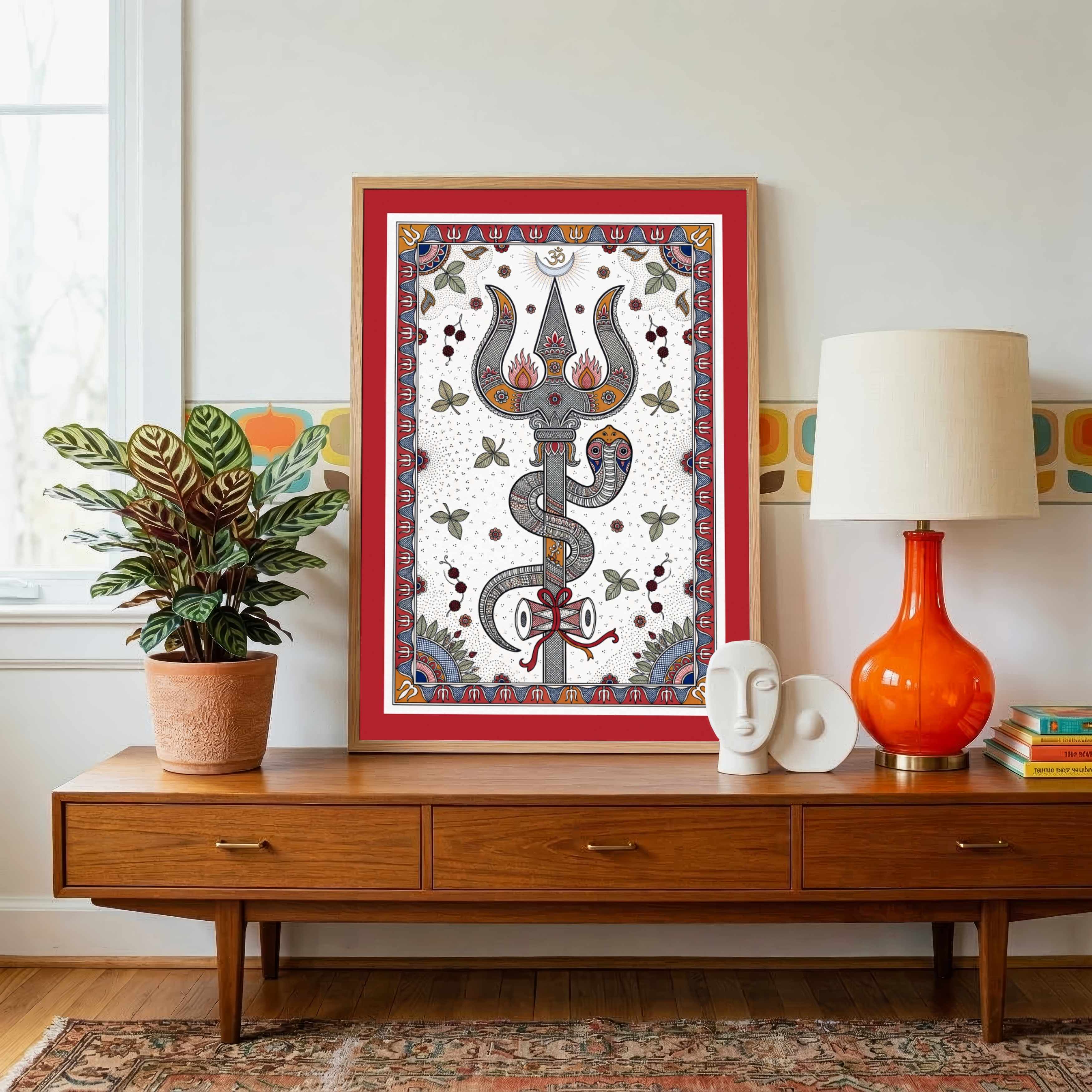"Madhubani Divine Trishul" Traditional Indian Folk Art Giclée Print | Fine Art Wall Art 2 : 3 Vertical Premium Wall Art Canvas by MeriDeewar