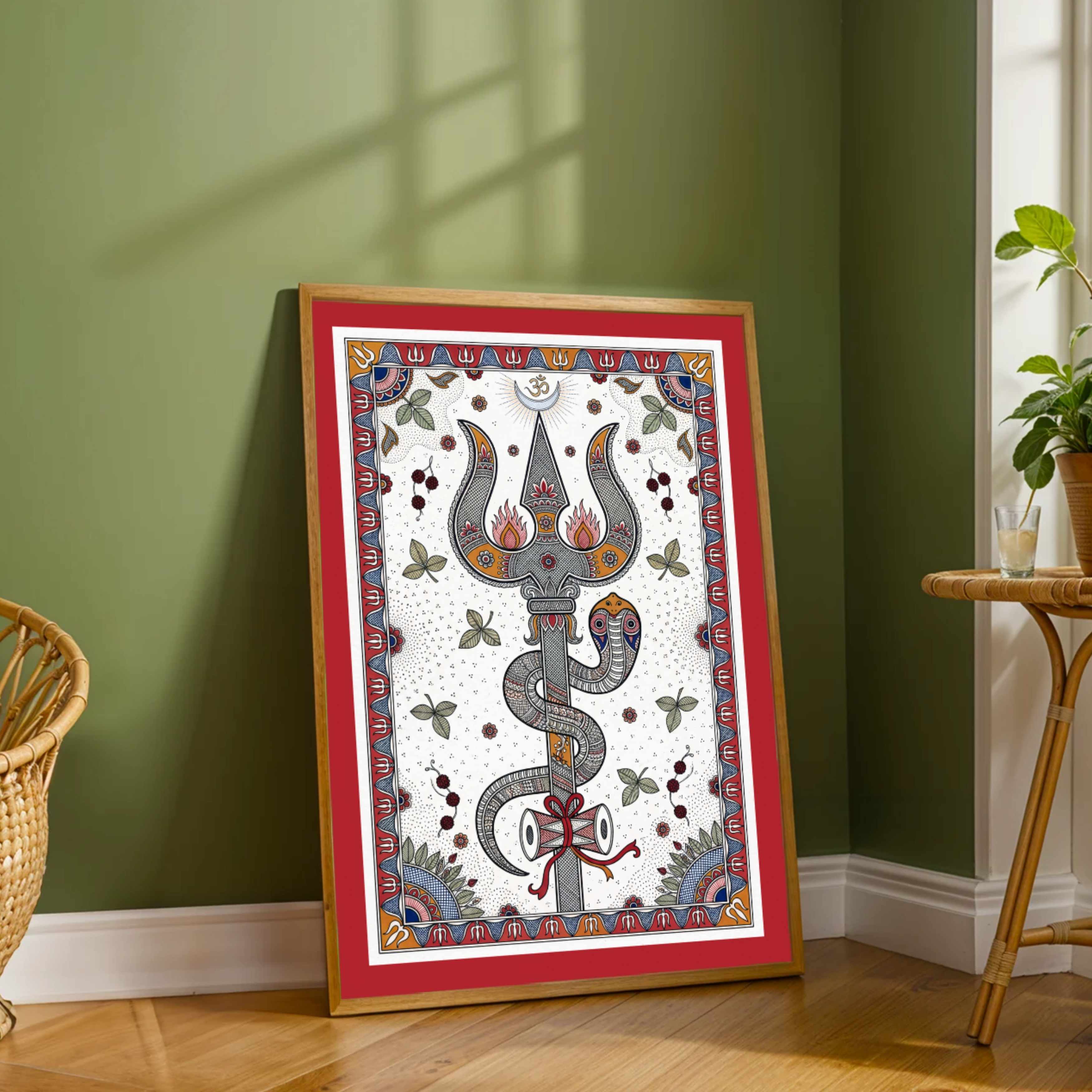"Madhubani Divine Trishul" Traditional Indian Folk Art Giclée Print | Fine Art Wall Art 2 : 3 Vertical Premium Wall Art Canvas by MeriDeewar