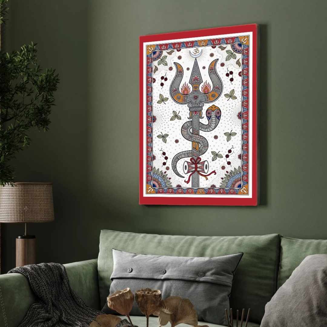 "Madhubani Divine Trishul" Traditional Indian Folk Art Giclée Print | Fine Art Wall Art 2 : 3 Vertical Premium Wall Art Canvas by MeriDeewar