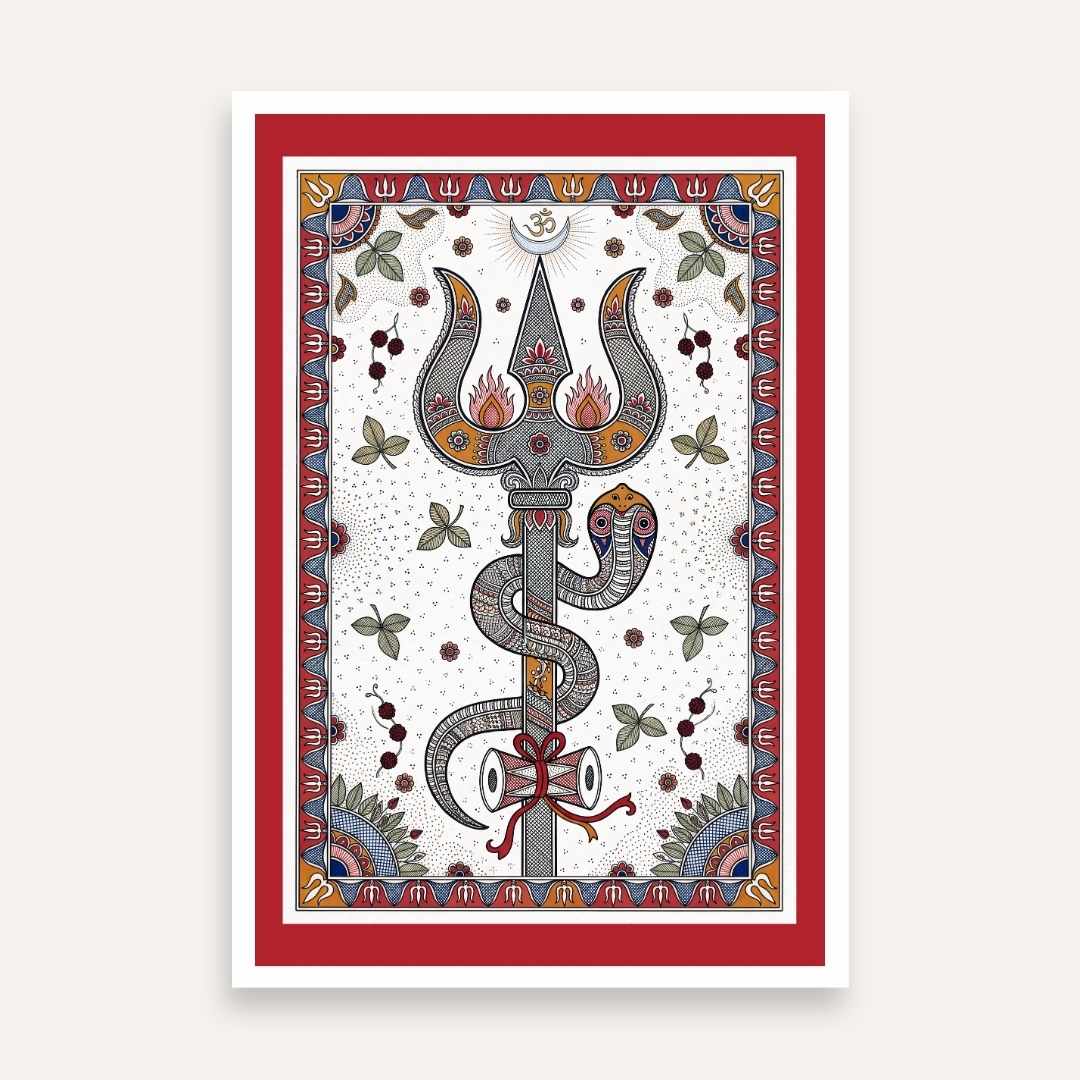 "Madhubani Divine Trishul" Traditional Indian Folk Art Giclée Print | Fine Art Wall Art 2 : 3 Vertical Premium Wall Art Canvas by MeriDeewar